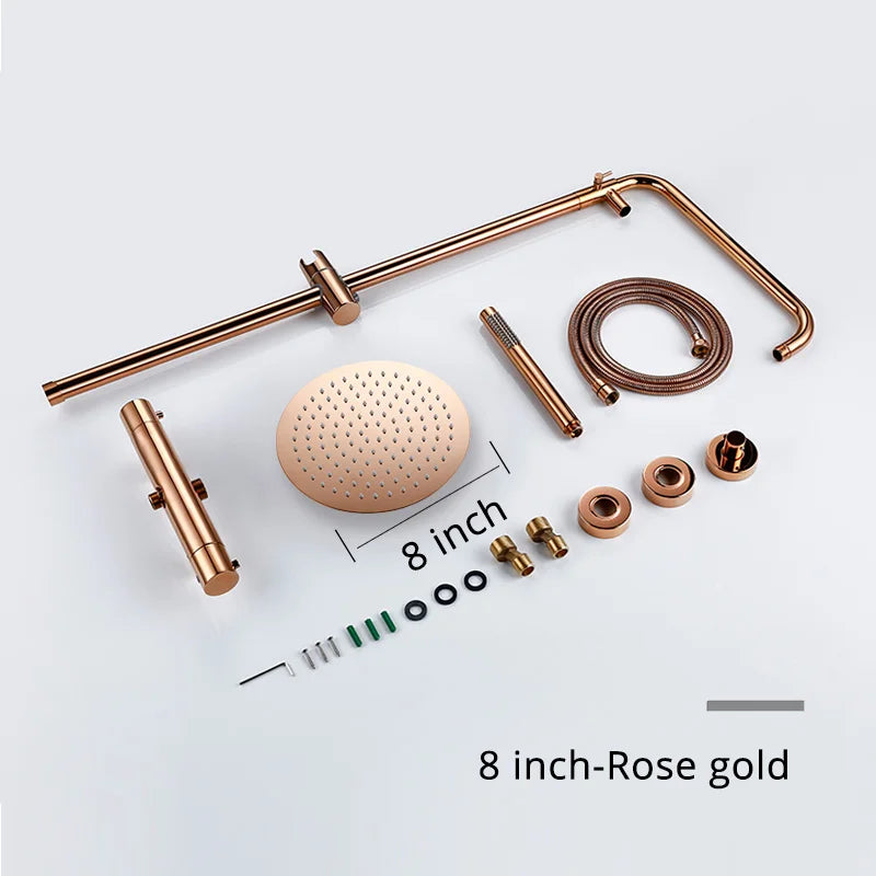 Rose Gold Thermostatic Shower Falcet Sets Wall Mount Brass Bathroom Blend Rainshower Falcet Rainfall Shower Tap Thermostat Systems
