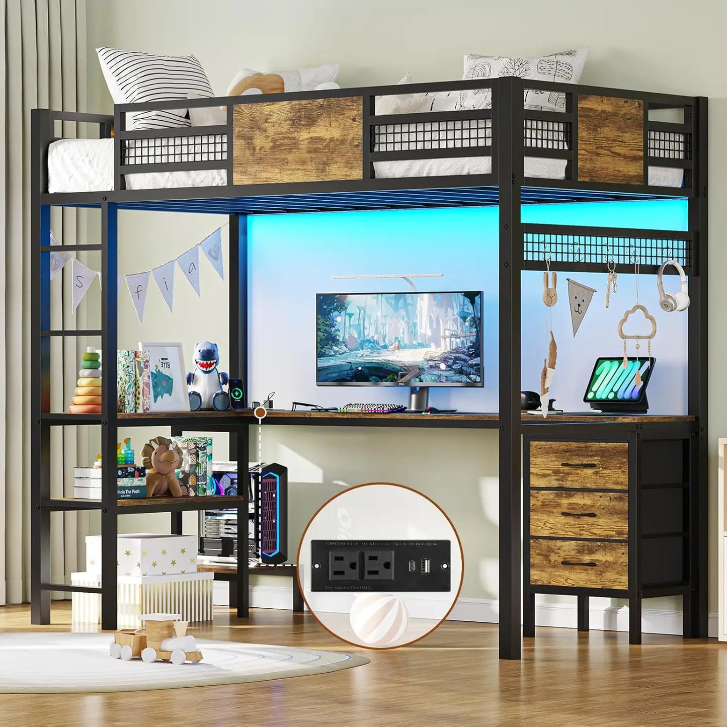 Loft Bed with L-Shaped Desk LED Lights & Charging Station