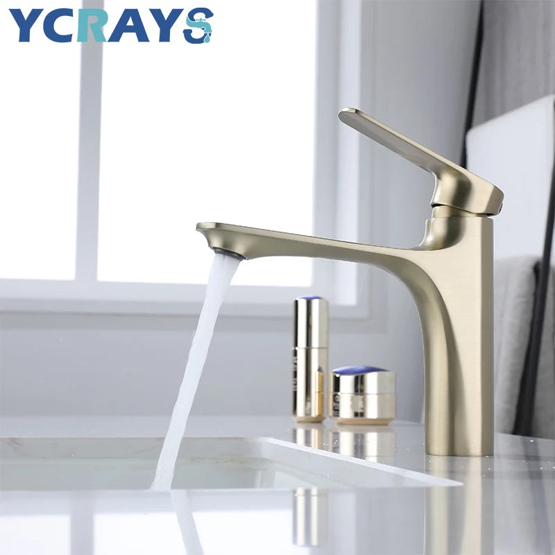 YCRAYS Brass Water Plating Gray Bathroom Sink Faucet Single Handle Brushed Gold Deck Mounted Wash Basin Tap Hot And Cold Mixer