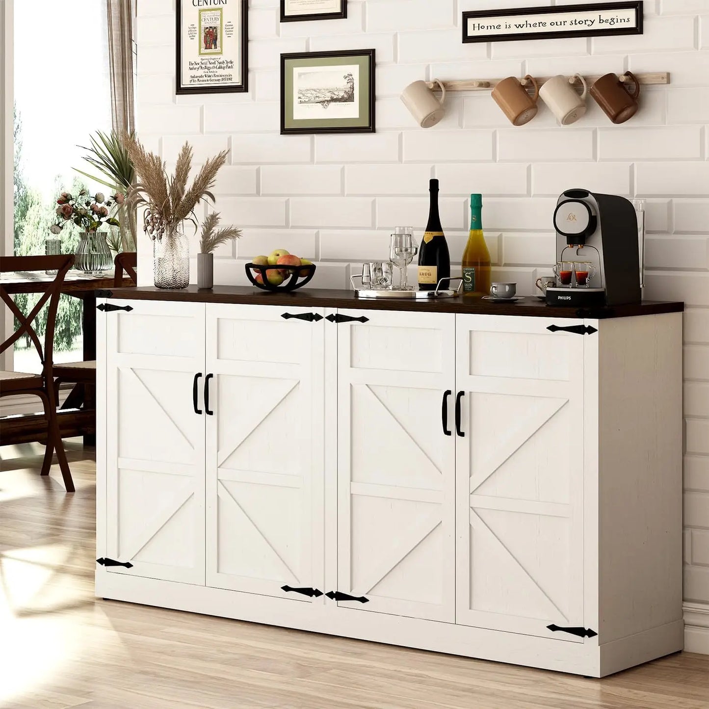 65 Inch Farmhouse Kitchen Sideboard Cabinet with Adjustable Shelves