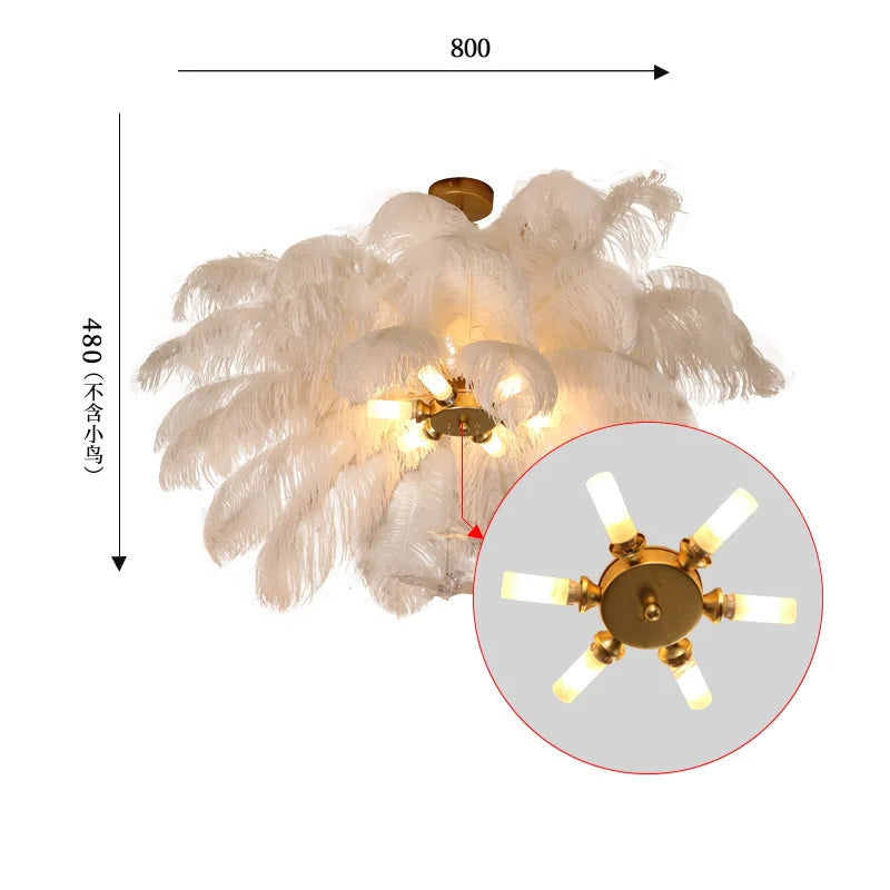 Nordic White Ostrich Feather Pendant Light Modern Led Ceiling Chandelier for Living Dining Room Children's Bedroom Hanghing Lamp