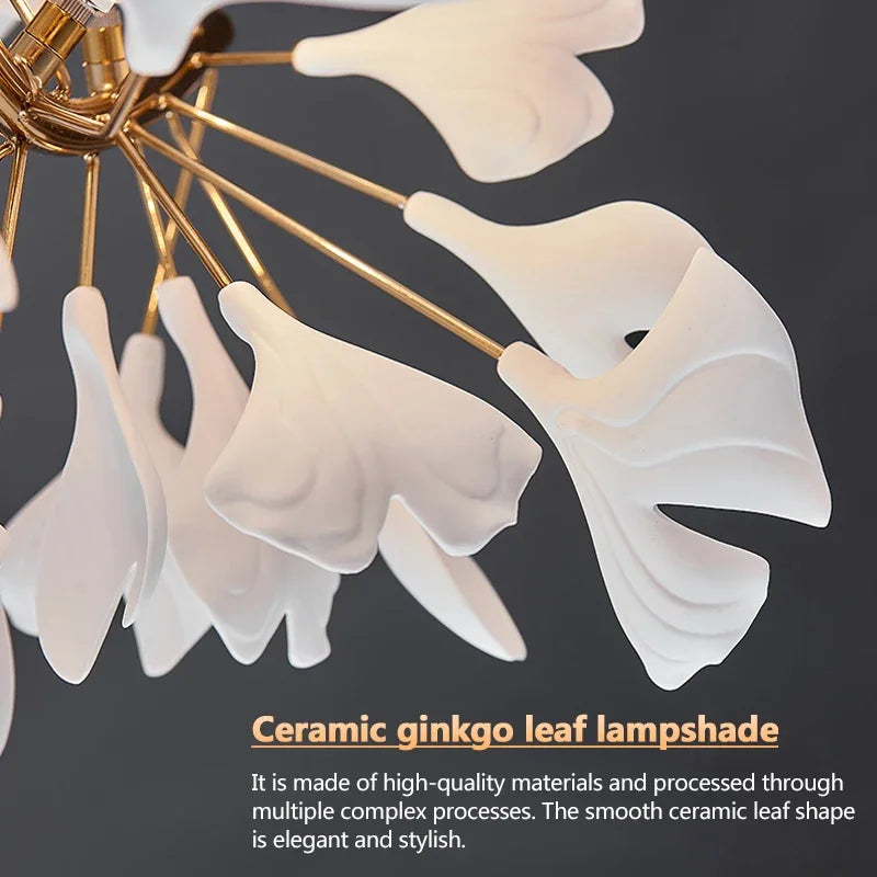 Round Ginko Leaf Chandelier Light For Bedroom Living Dining Room Modern New Porcelain Leaves Pendant Lights Hanging Chandeliers