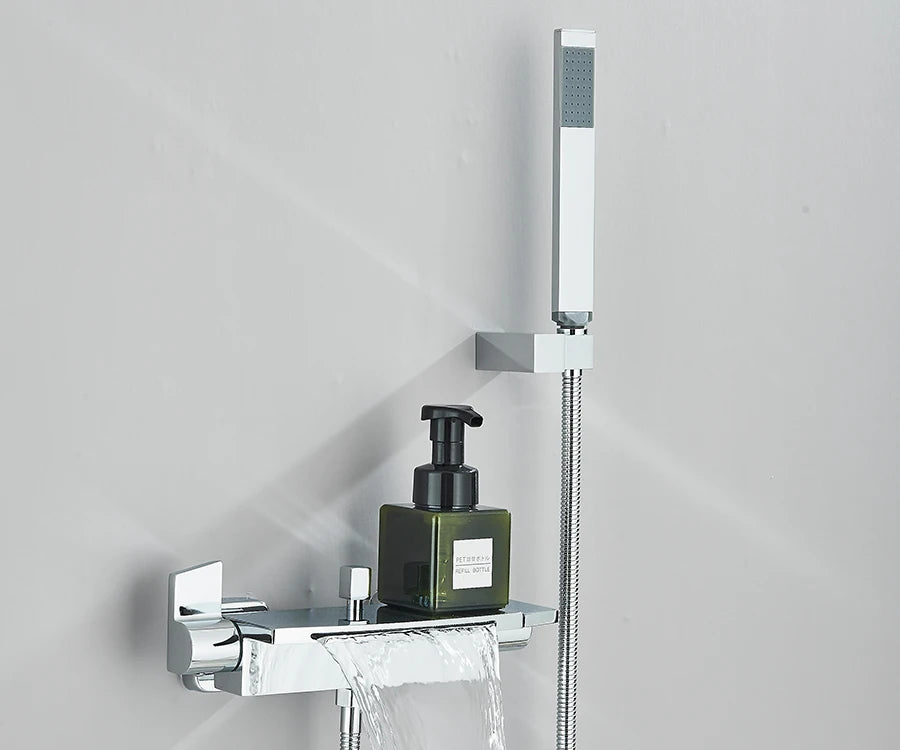 Black Waterfall Bathtub Shower Faucets Wall Mount Shower With Handheld Shower Mixer Tap Faucets Hot Cold Bath Shower Tap