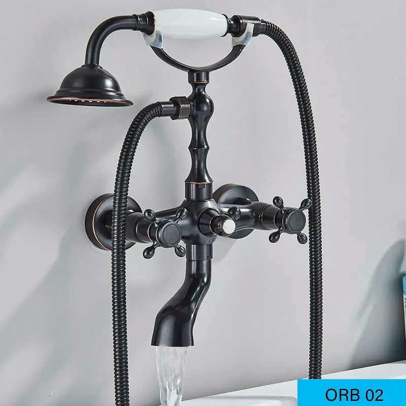 Bathroom Bathtub Faucet Dual Handles Handheld with Hand Shower Bath Shower Mixer Tap Wall Mount Swivel Spout Tub Retro Faucet