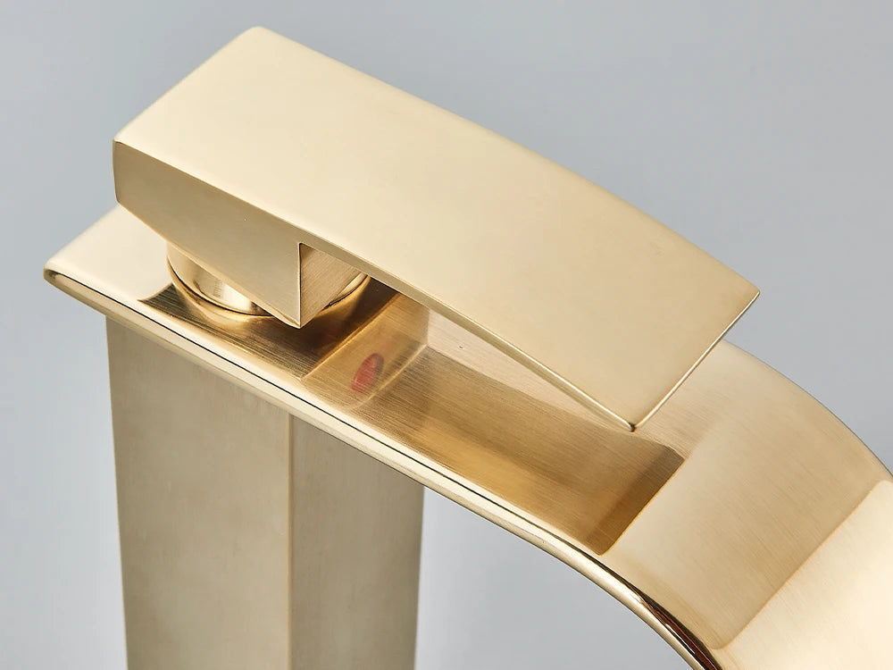Brushed Gold Basin Sink Faucet Waterfall Outlet Vanity Hot Cold Mixer Tap Deck Mount Taps Washbasin Faucet for Bathroom