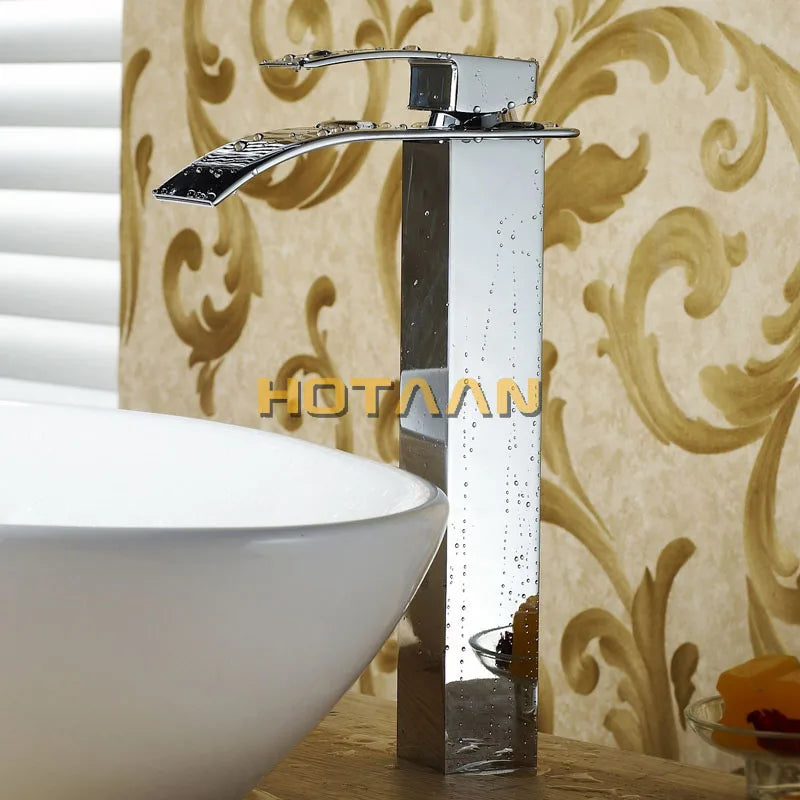 Waterfall Brass Basin Faucet Deck Mounted Single Lever Single Hole Cold&Hot Bathroom Basin Mixer Black Plated Tap