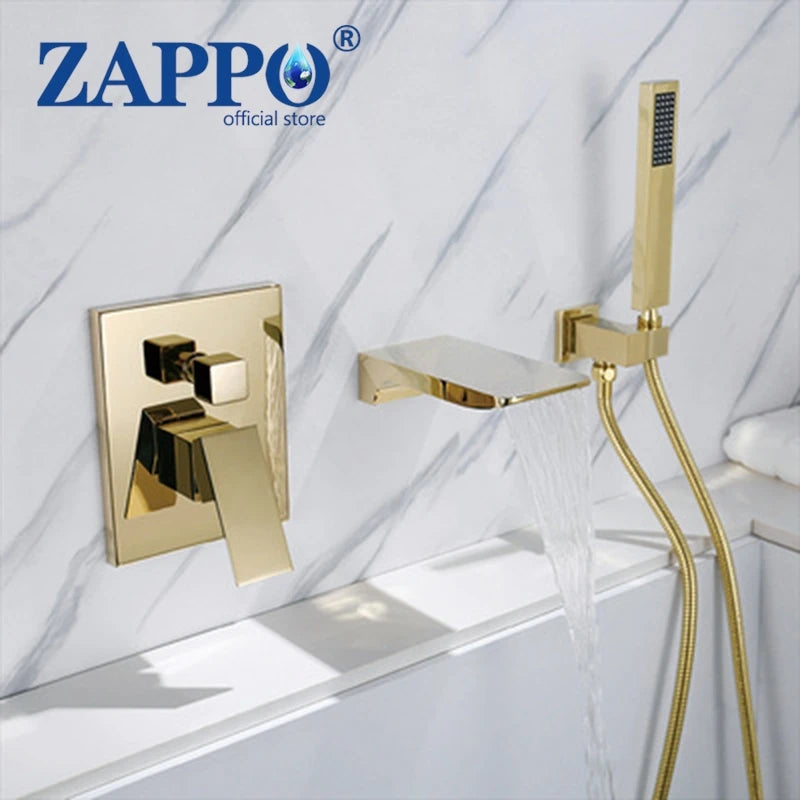 ZAPPO Brushed Gold Bathroom Bathtub Shower Set Waterfall Mixer Tap Wall Mount Solid Brass Shower Systerm w/Handheld Shower Head