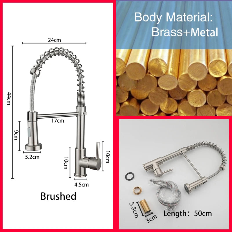 Brass Pull Out Spring Kitchen Faucet Kitchen Sink Mixer 360 Degree Rotating Stream Sprayer Nozzle Mixer Hot Cold Water Crane tap