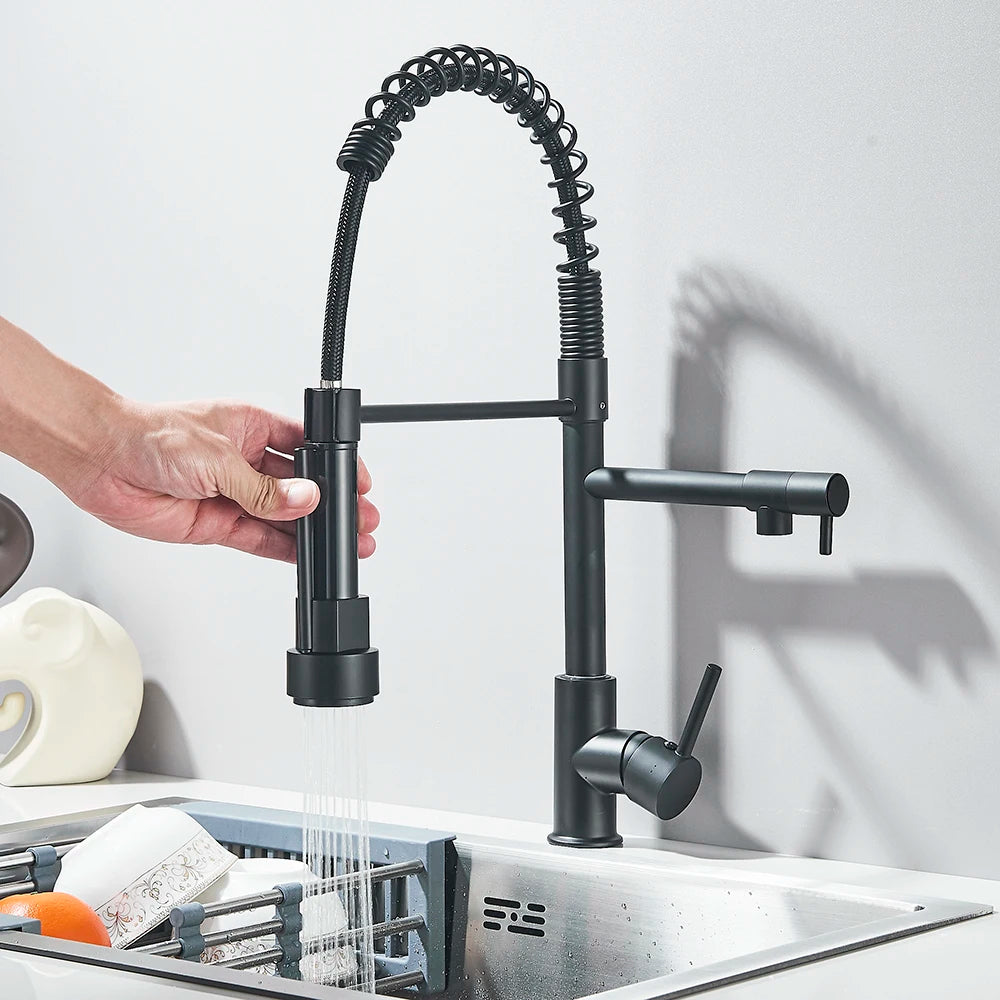 Matte Black Removable Gourmet Kitchen Faucet Double Spout Rotatable Deck Mount Single Handle Cold Hot Water Mixer Kitchen Crane