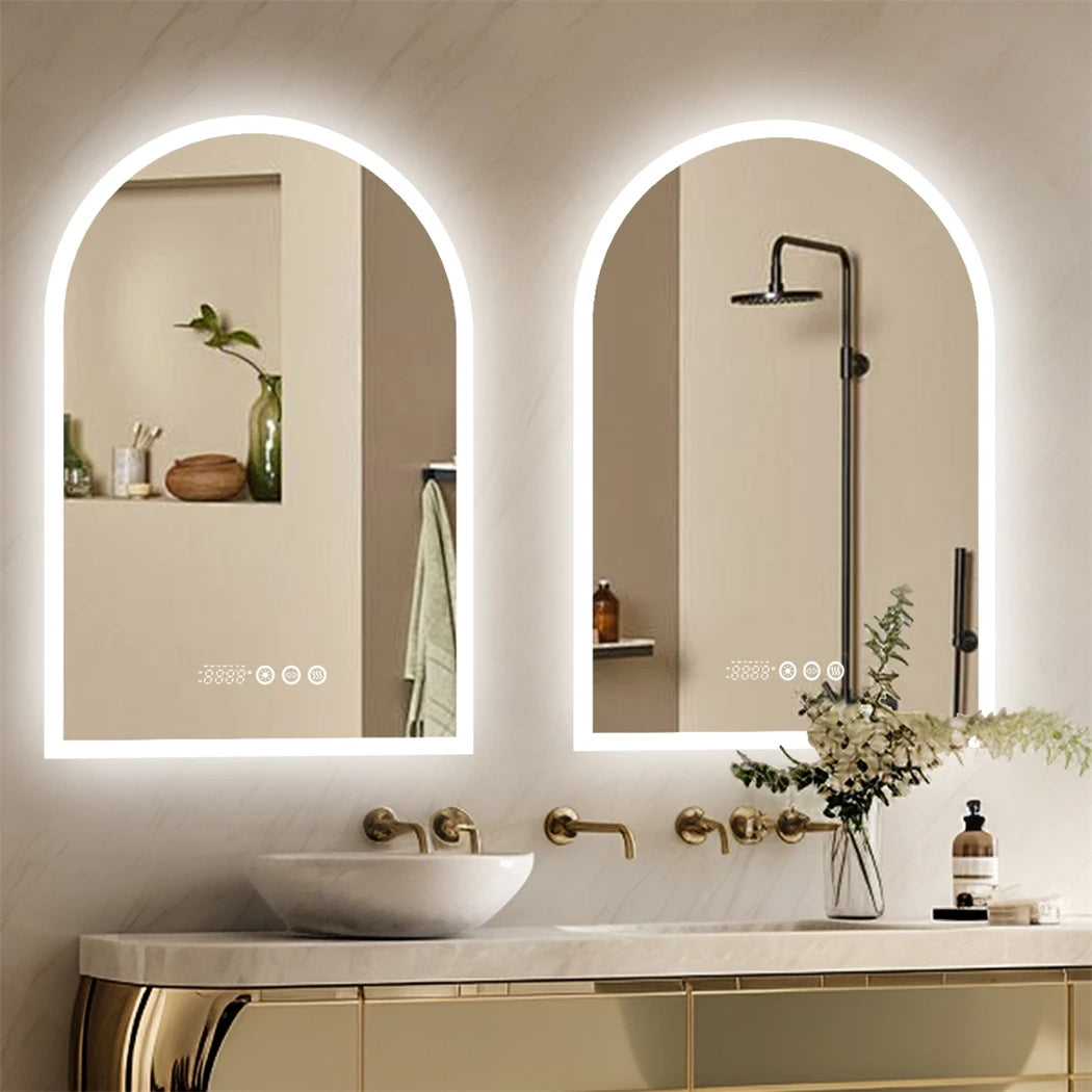 Arched LED Bathroom Mirror 600x900mm Smart Dimmable Wall Lighted Vanity Mirror with Time Temperature Dispaly Anti-fog 3 Colour