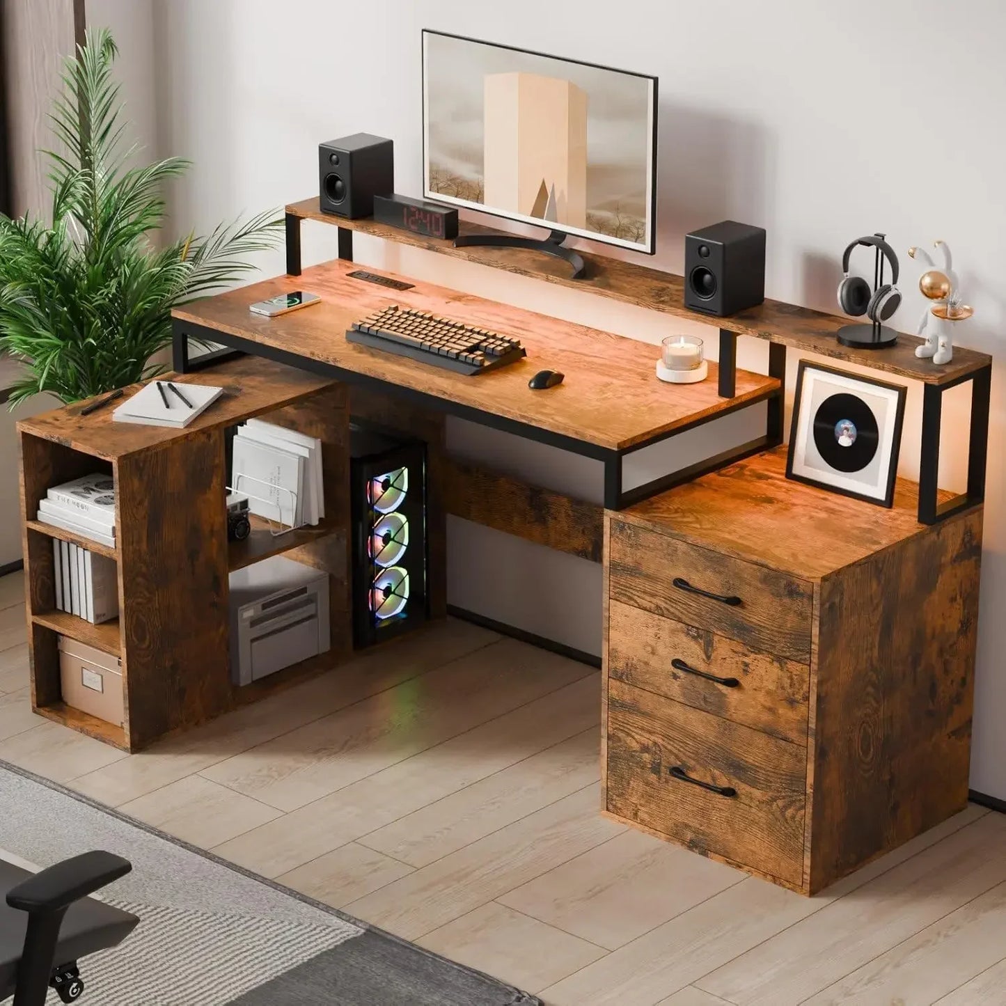 L Shaped Computer Desk with 3 Drawers, 65.7" Large Desk with LED Lights and Power Outlet