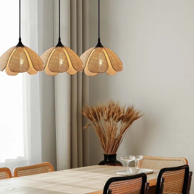 IWHD Rattan Wicker Petal LED Pendant Lights Fixtures Home Indoor Decor Bedroom Dining Living Room Light Japanese Style Hanglamp
