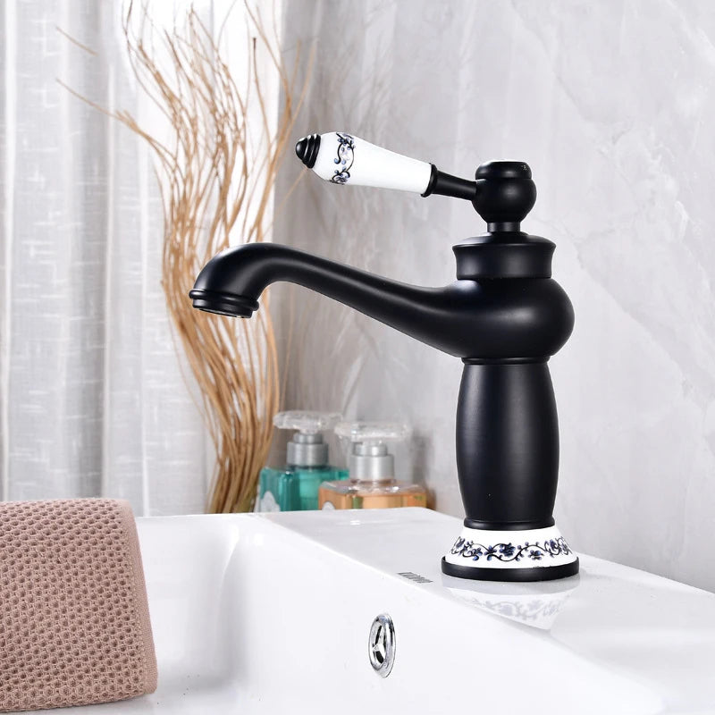 Retro European Bathroom Basin Faucets Gold Mixer Tap Ceramic Decoration Plating Chrome Single Handle Hot And Cold Deck Mounted