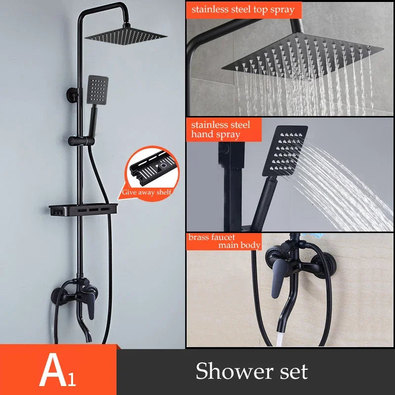 Black/Chrome Plating Bathroom Shower Set Household Copper Faucet Wall-mounted Bathtub Rain
