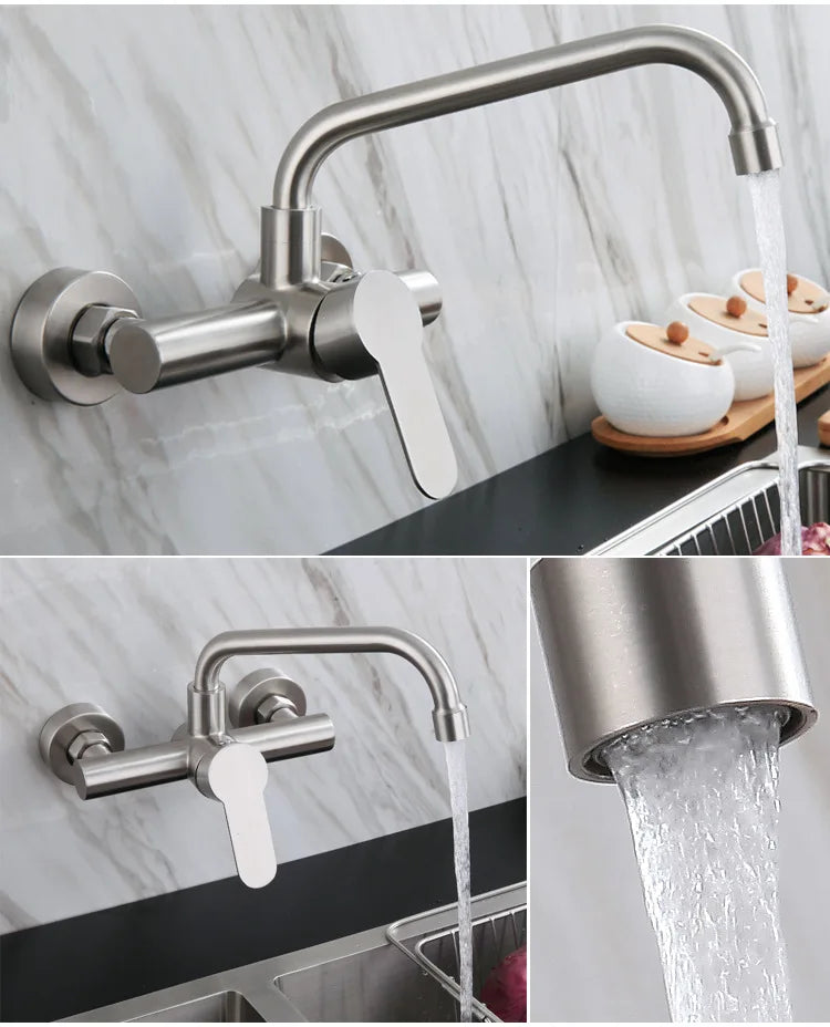 Wall Mounted Kitchen Faucet Wall Kitchen Mixers Kitchen Sink Tap 360 Degree Free Swivel Flexible Hose Double Holes Water Taps