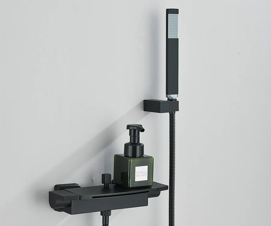Black Waterfall Bathtub Shower Faucets Wall Mount Shower With Handheld Shower Mixer Tap Faucets Hot Cold Bath Shower Tap