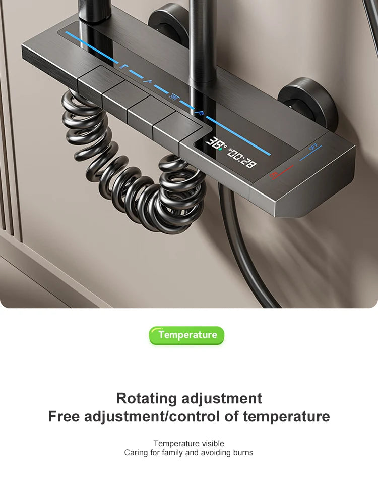 Space Aluminum Shower Set Gray Shower System Set Digital Display Piano Button With Ambient Light Bathroom Faucets Shower Head