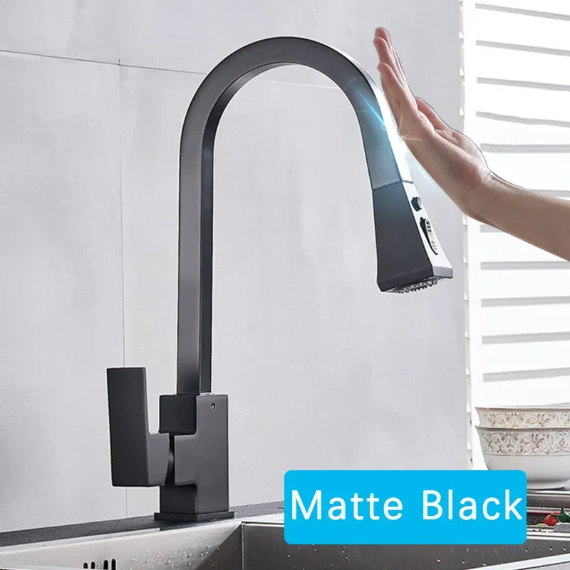 Matte Black Pull Out Sensor Kitchen Faucets Stainless Steel Smart Induction Mixed Tap Rotate Touch Control Sink Tap Torneira