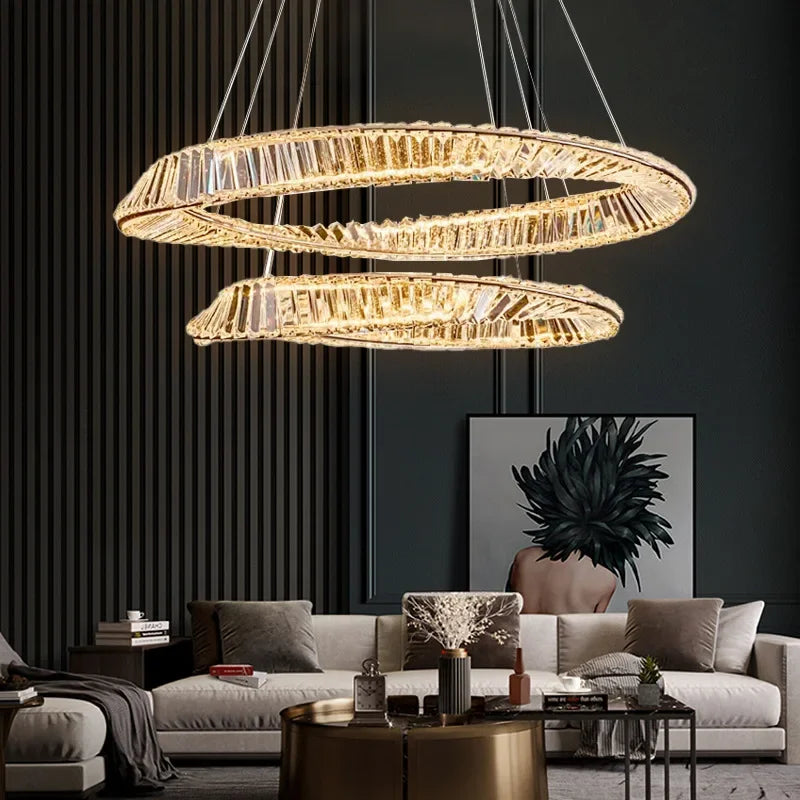 Modern Crystal Lustre Ceiling Chandelier Gold Irregular Ring Pendant Lamp Led Dimmable Living Room Bedroom Restaurant Hang Light