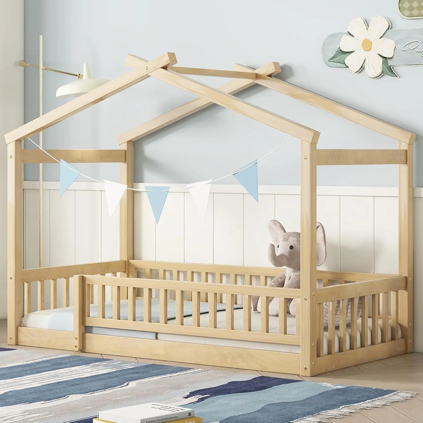 House Style Bed Full Size Floor Bed with Fence Railings