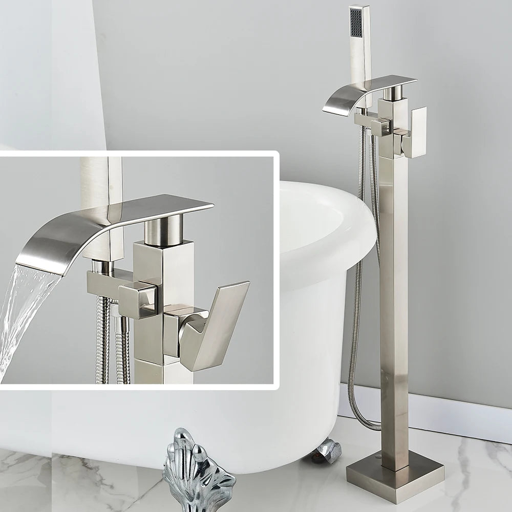 Floor Standing Faucet Bathtub Shower Floor Mounted Tub Filler Faucet Brass Bathroom Tub Faucets with Hand Shower