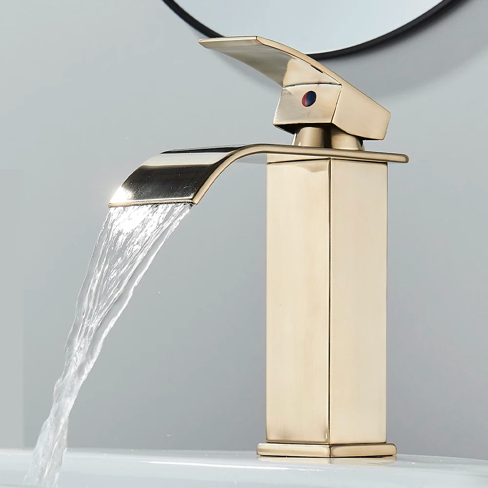 Brushed Gold Basin Sink Faucet Waterfall Outlet Vanity Hot Cold Mixer Tap Deck Mount Taps Washbasin Faucet for Bathroom