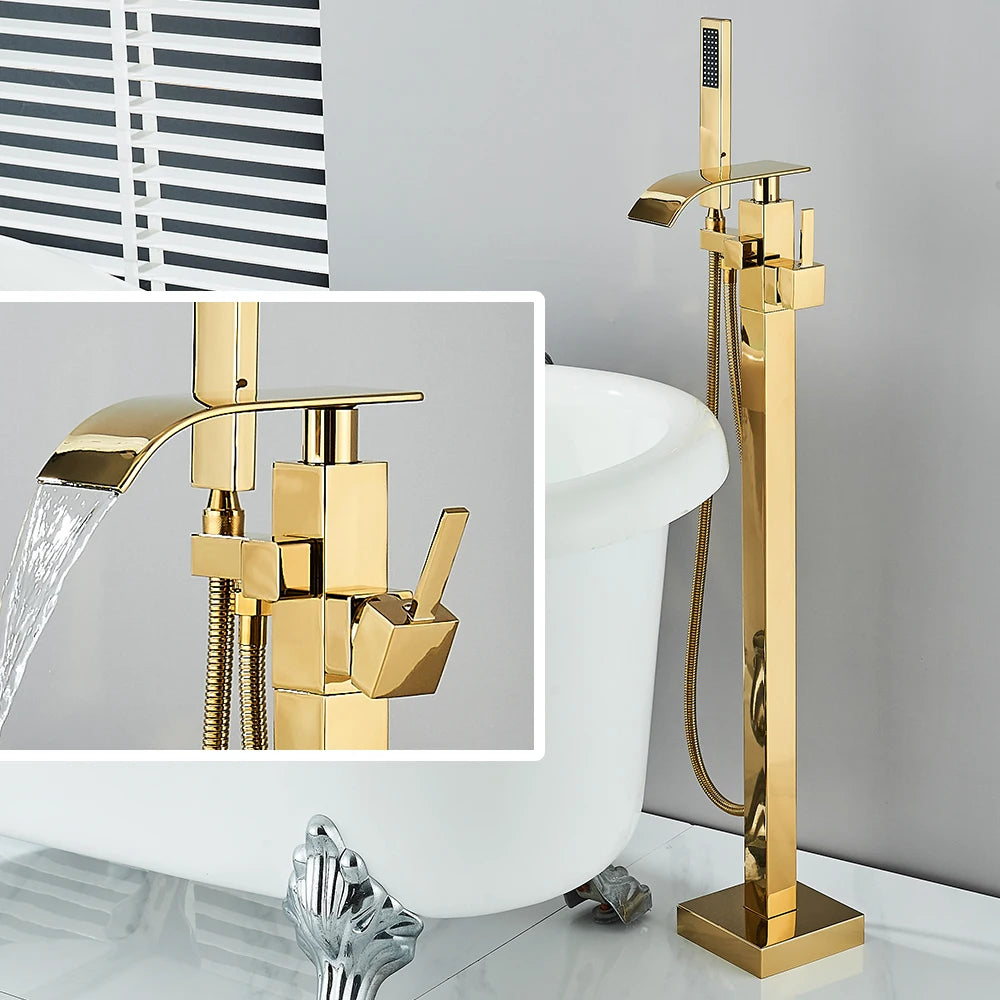 Floor Standing Faucet Bathtub Shower Floor Mounted Tub Filler Faucet Brass Bathroom Tub Faucets with Hand Shower