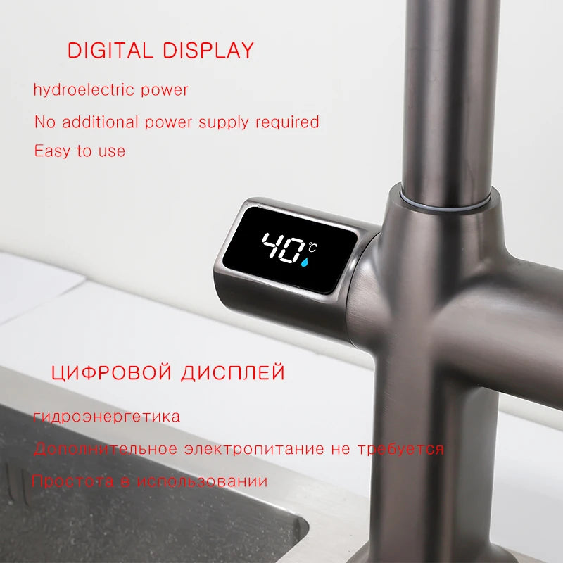 OXG Black Kitchen Faucet Gourmet Faucet Kitchen Pull Out Kitchen Sink Faucet Digital Display Function Rotatable Kitchen Taps