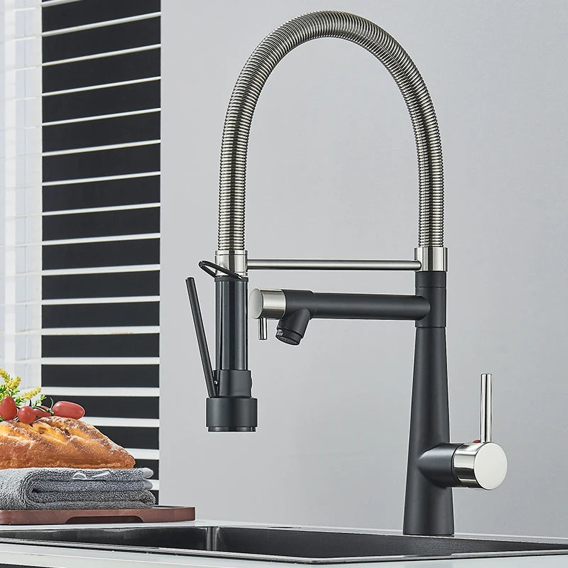 Black Kitchen Faucet LED Light Pull Down Spring Sink Faucets Dual Swivel Spout Kitchen Torneira Hot Mixer Tap