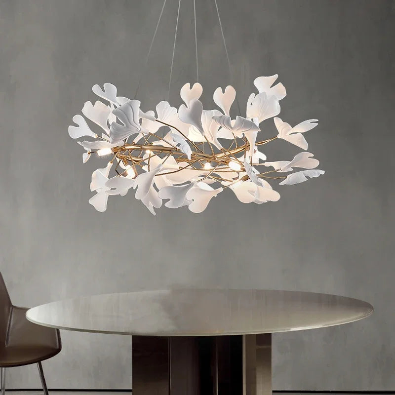 Round Ginko Leaf Chandelier Light For Bedroom Living Dining Room Modern New Porcelain Leaves Pendant Lights Hanging Chandeliers