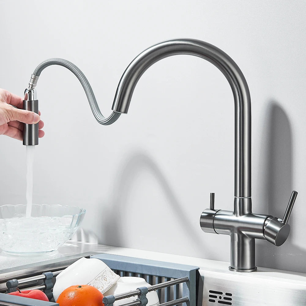 Filtered Kitchen Sink Faucet With Retractable Sprayer Brass Water Filter Tap Drinking Water Tap Vessel Sink Mixer For Kitchen