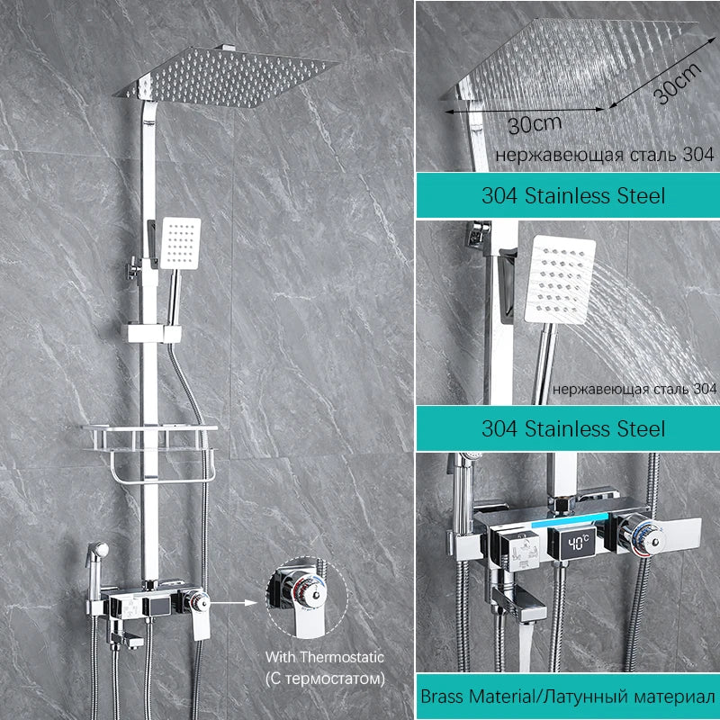 Brass Bathroom Shower Faucet Set Thermostatic Digital Display Shower System With Rain Shower And Mixer 30cm*30cm Nozzle