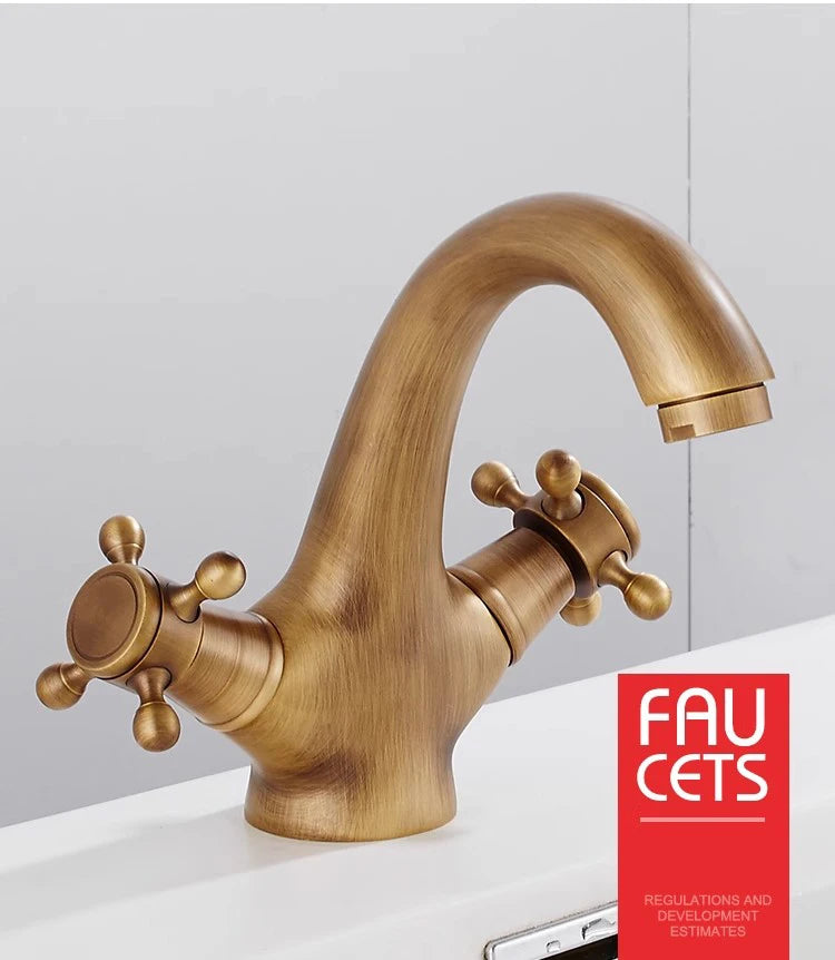 Dual Handle Antique Basin Faucet Hot and Cold Water Crane Bronze Sink Faucet Bathroom Vintage Mixers Taps Gold
