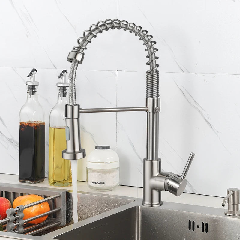 Brass Pull Out Spring Kitchen Faucet Kitchen Sink Mixer 360 Degree Rotating Stream Sprayer Nozzle Mixer Hot Cold Water Crane tap