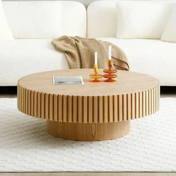 Coffee Table Wood End Table for Living Room,Modern Contemporary Circle Fluted Drum Side Table,Coffee Table