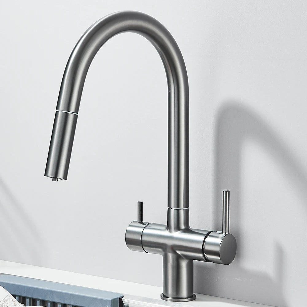 Filtered Kitchen Sink Faucet With Retractable Sprayer Brass Water Filter Tap Drinking Water Tap Vessel Sink Mixer For Kitchen