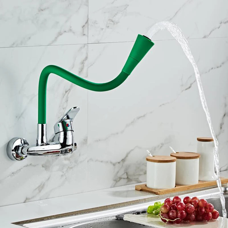 BAKALA RED color Wall Mounted Kitchen Faucet Wall Kitchen Mixers Kitchen Sink Tap 360 Degree Swivel Flexible Hose Double Holes