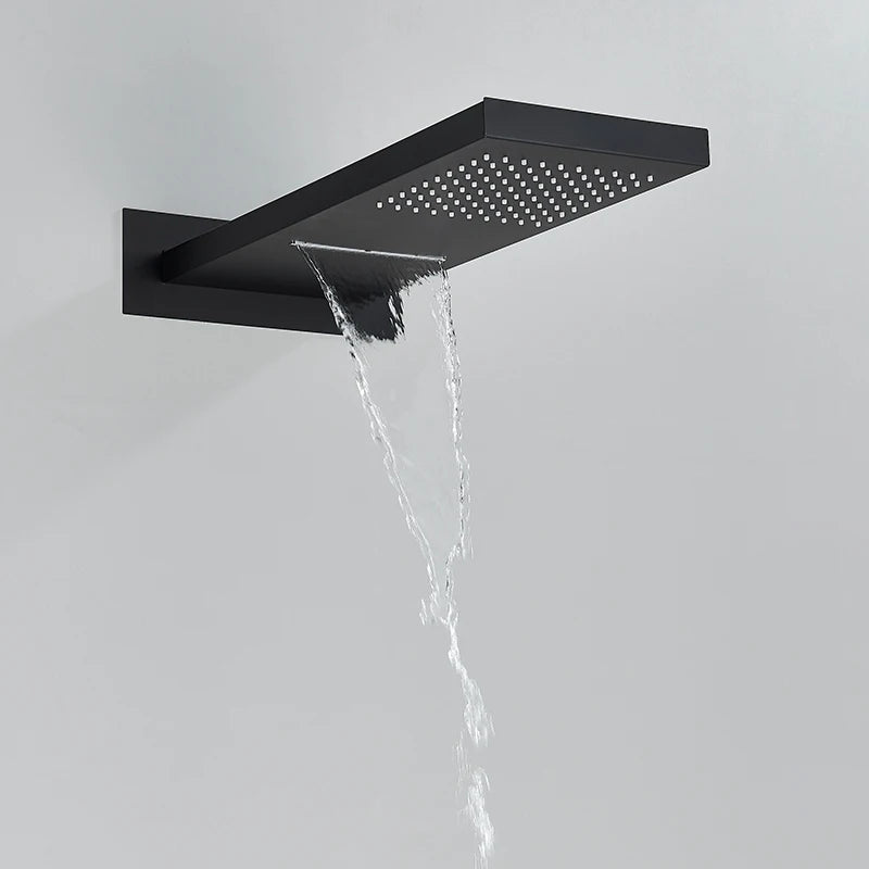 Quyanre Black Thermostatic Shower Faucets Set Rain Waterfall Shower Head With 3-way Thermostatic Mixer Tap Bath Shower Faucet