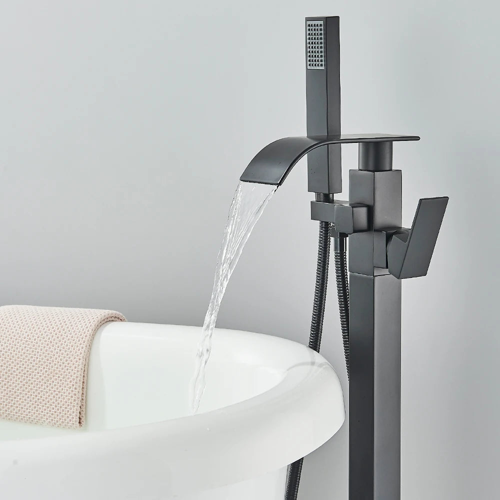 Floor Standing Faucet Bathtub Shower Floor Mounted Tub Filler Faucet Brass Bathroom Tub Faucets with Hand Shower