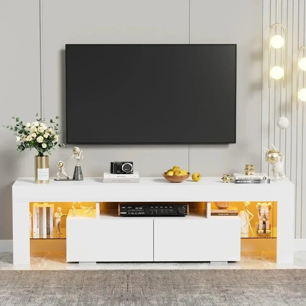 Modern LED TV Stand for Televisions up to 70 Inch with Glass Shelves and Drawer