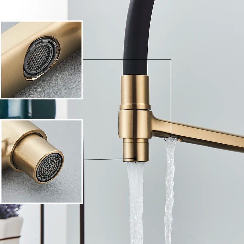 Brushed Golden Kitchen Sink Faucet Pure Water Filter Mixer Crane Dual Handle Pull Down Purification Kitchen Hot Cold Water Tap