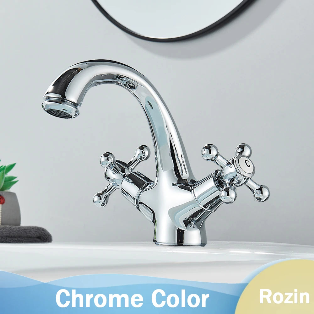 Rozin Dual Handle Basin Vessel Sink Faucet Deck Mounted Antique Brass Bathroom Washing Basin Faucet Hot and Cold Water Mixer Tap