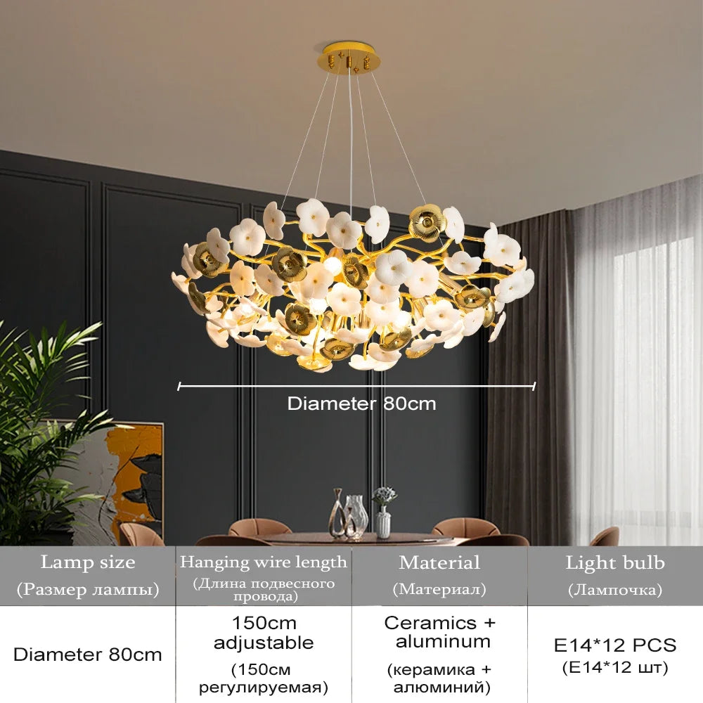 Ceramics Long Pendant Lights For Dining Living Room Ceramics Lampshade Pendant Chandeliers Luxury Gold Led Ceiling Chandelier