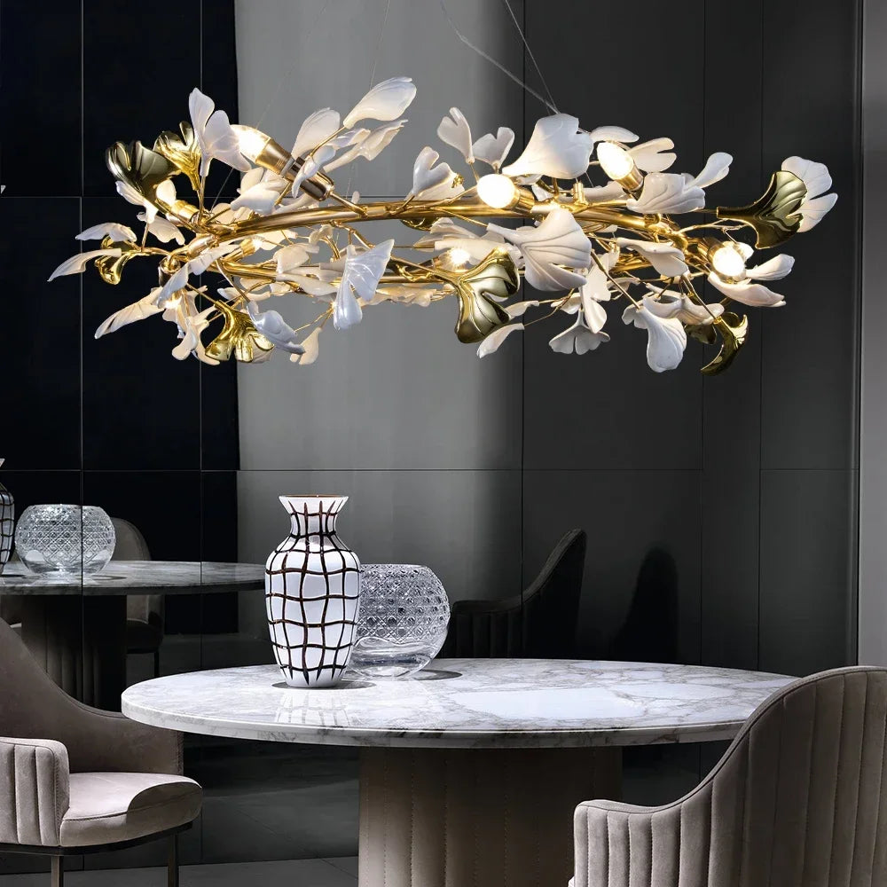 Round Ginko Leaf Chandelier Light For Bedroom Living Dining Room Modern New Porcelain Leaves Pendant Lights Hanging Chandeliers