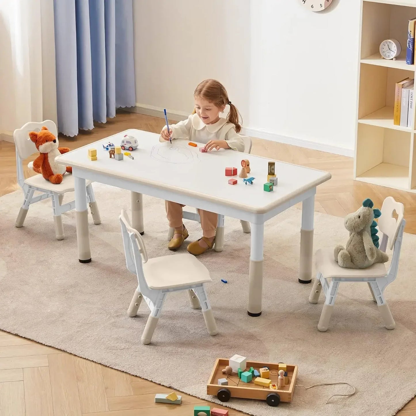 Modern White + Natural Wood Toddler Table and Chairs Set for 4