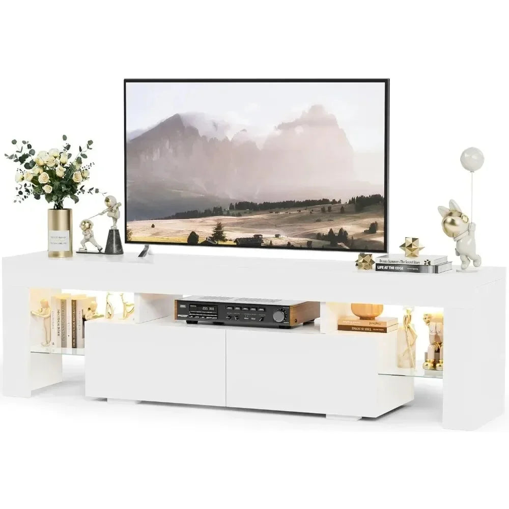 Modern LED TV Stand for Televisions up to 70 Inch with Glass Shelves and Drawer