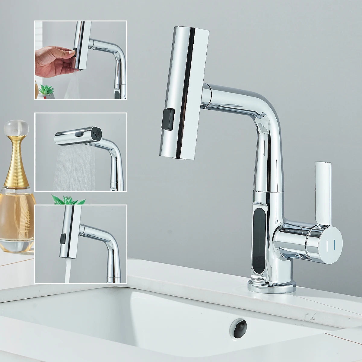 Temperature Digital Display Basin Faucet Pull Out Hot Cold Water Mixer Tap Lift Up Down Stream Sprayer Wash Crane For Bathroom
