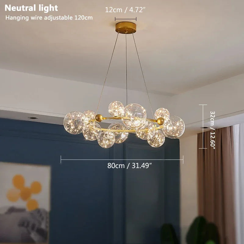 Nordic Ring Pendant Lamp Romantic Star Chandelier Round Long Glass Ball Hanging Light Dining Table Above Starry Sky LED Lights