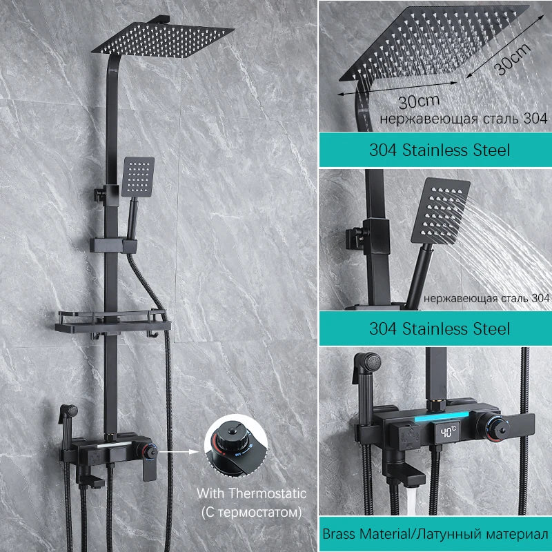 Brass Bathroom Shower Faucet Set Thermostatic Digital Display Shower System With Rain Shower And Mixer 30cm*30cm Nozzle