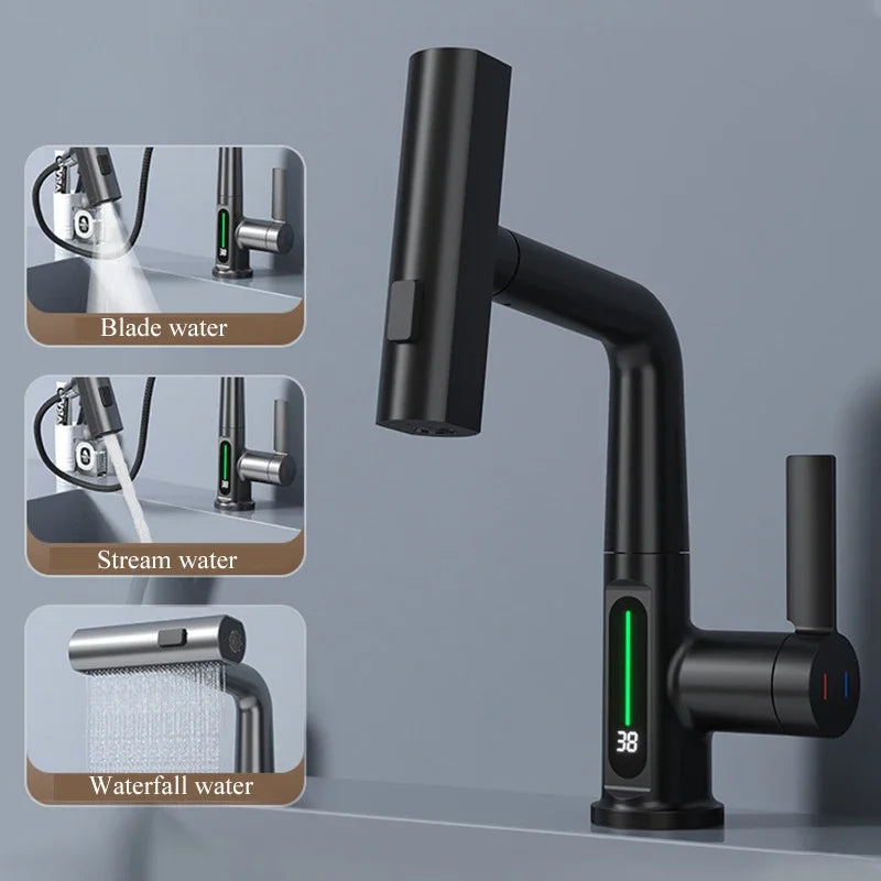 Smart Digital Display Basin Faucet 3 Function Pull Out Waterfall Spout Deck Mount Cold Hot Water Mixer Liftable Sink Crane Tap